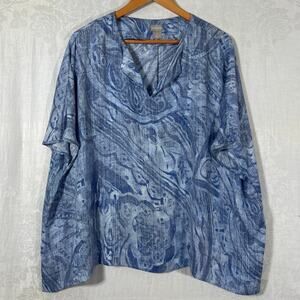 Chicos Blouse 3 XL Blue White Abstract Print Satin Dolman Sleeve Flowy Boxy